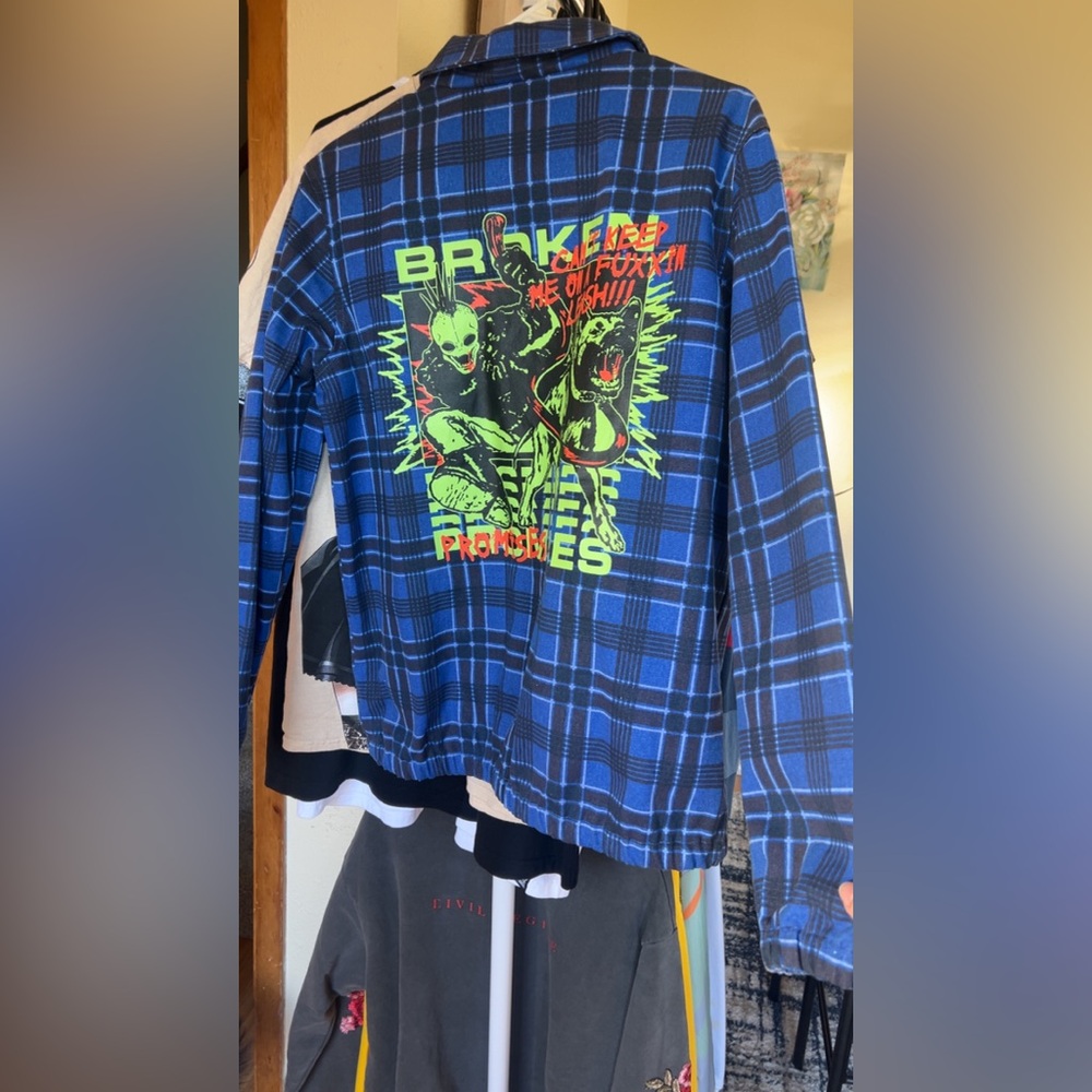 Broken promises Blue Plaid Graphic Long Sleeve jacket zip up